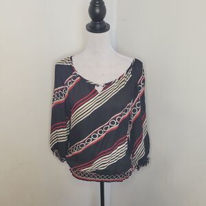 White House Black Market Silk Sheer Blouse Women’s Medium Black Red Tan 3/4 Slee